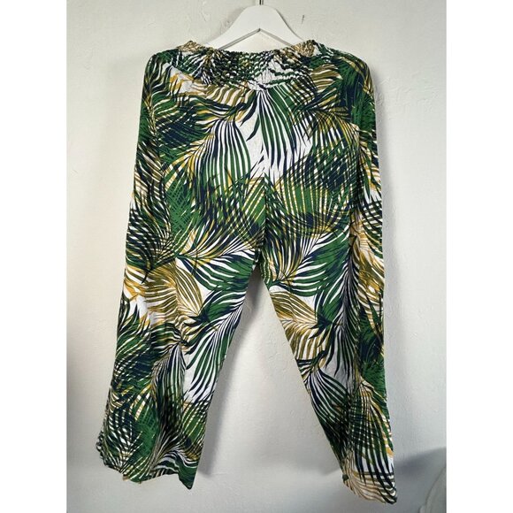 Tahari Women Tropical Leaf Print Linen Blend Elastic Waist Wide Leg Pants Medium - Picture 2 of 10